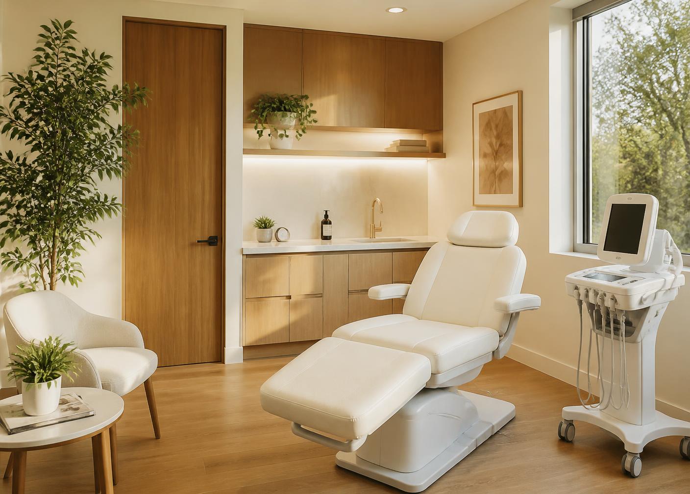 Calm, modern dermatology treatment room with warm natural light
